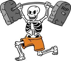 Funny Skeleton Lifting Tombstones Weights in Halloween color vector