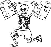 Funny Skeleton Lifting Tombstones Weights in Halloween outline vector