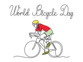 World Bicycle Day. Abstract cyclist, athlete on a bicycle,continuous single one line art hand drawing sketch vector