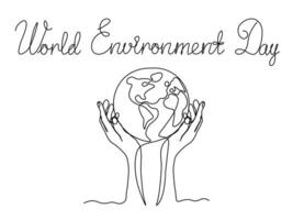 World Environment Day. Abstract Planet earth in hands, continuous single one line art drawing sketch vector