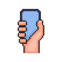 Pixel art Hand Holding Smartphone game asset design vector