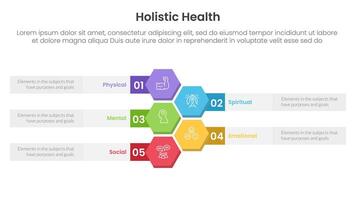 holistic health infographic template banner with honeycomb or hexagon vertical with 5 point list information for slide presentation vector