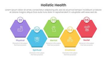holistic health infographic template banner with diamond honeycomb up and down right direction with 5 point list information for slide presentation vector