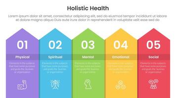 holistic health infographic template banner with long rectangle top arrow with 5 point list information for slide presentation vector