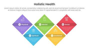 holistic health infographic template banner with diamond shape structure up and down with 5 point list information for slide presentation vector