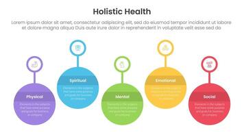 holistic health infographic template banner with timeline big circle outline badge up and down with 5 point list information for slide presentation vector