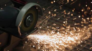 Industrial Metal Grinding Process Close-Up, Sparks Flying from High-Speed Rotary Cutting Tool video