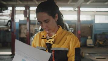 Hispanic female inspector working on service checklist of car suspension, with maintenance mechanics team at fix garage, professional engineer worker jobs in auto and transportation industry. video