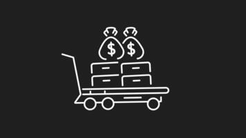 Cash trolley carrying money bags white line animation. Trolley carrying money and boxes, perfect for financial concepts in design projects like banners, presentations, and websites. video