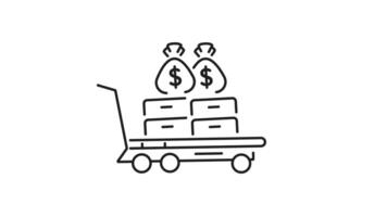 Cash trolley carrying money bags line animation. Trolley carrying money and boxes, perfect for financial concepts in design projects like banners, presentations, and websites. video
