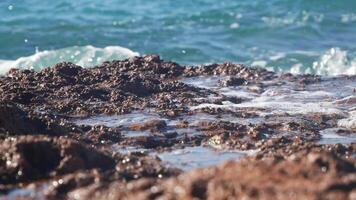 Rocky shoreline close up waves splashing, tracking slow motion video