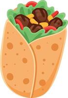 Burrito filled with beef, lettuce, corn, and red peppers in a tortilla wrap illustration vector