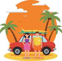 Couple standing near red car with surfboards on roof under palm trees at sunset beach vacation illustration vector