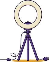 Ring light with tripod stand and power cord illustration for photography and lighting equipment in purple and cream colors vector