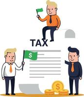 Tax concept with business people holding green flags and coins around financial document illustration vector