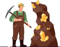 Miner with pickaxe mining large gold crystal rocks underground illustration vector