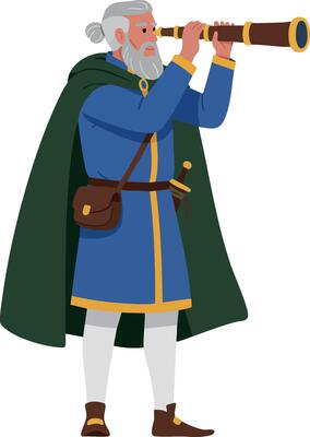 Elderly man in medieval clothing looking through telescope in style illustration with green cape and blue robe
