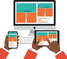 Digital marketing concept with responsive web design on desktop tablet and smartphone in modern flat style vector
