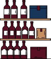 Wine bottles and storage boxes on wooden shelves illustration showing organized beverage storage in cellar or shop environment vector