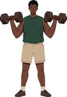 Young man lifting dumbbells exercising with fitness weights for strength training illustration vector