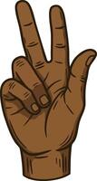 Dark brown hand showing three fingers raised with detailed drawing style illustration vector
