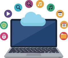 Laptop with cloud computing and colorful app icons representing music, search, calendar, and security design vector