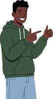 Young man in green hoodie smiling and gesturing thumbs up with fingers in casual style image vector
