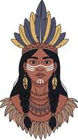 Native American woman portrait with traditional feather headdress and face paint in style illustration vector