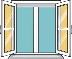 Open window with yellow glass panes and blue sky background illustration in simple style for design projects vector