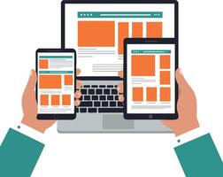 Digital devices showing responsive web design on smartphone tablet and laptop with hands in business style sleeves vector