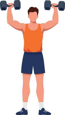 Man lifting dumbbells in orange tank top and navy shorts fitness workout exercise illustration