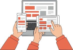 Hands holding smartphone tablet and laptop showing responsive web design on digital devices for technology communication vector