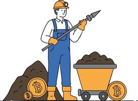 Bitcoin cryptocurrency miner holding pickaxe with mining cart and bitcoin coins in digital currency concept illustration vector