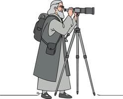 Elderly man photographer using camera on tripod capturing moments in grey outfit and backpack illustration vector
