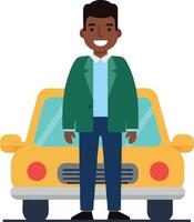 Smiling man standing in front of yellow car illustration with casual clothing and happy expression vector