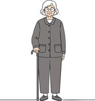 Elderly woman standing with walking cane wearing grey outfit and glasses illustration vector