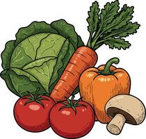 Fresh vegetables assortment with tomato, carrot, cabbage, bell pepper, and mushroom illustration for healthy cooking and nutrition vector