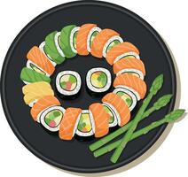 Sushi platter with salmon avocado and asparagus on black plate food illustration for restaurant menu design vector