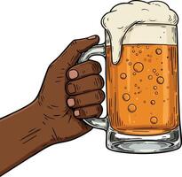 Hand holding cold beer mug with frothy foam and bubbles refreshing drink illustration vector