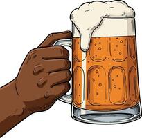 Hand holding frothy beer mug with amber liquid and foam top in realistic style vector