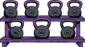 Kettlebell weights organized on purple rack for gym strength training and fitness exercises illustration vector