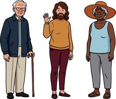 Diverse group of elderly and middle aged adults standing together in casual clothing smiling and waving illustration vector