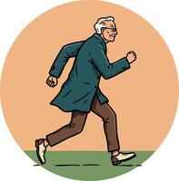 Elderly man running briskly in vintage style coat and brown pants with determined expression on peach background illustration vector