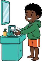 Child washing hands at sink with soap for hygiene and cleanliness routine illustration vector