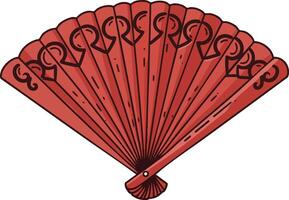 Red traditional hand fan illustration with decorative patterns and vintage style art vector