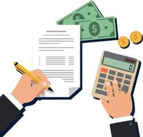 Business accounting concept with hands calculating finances using calculator and writing on paper with money and coins vector