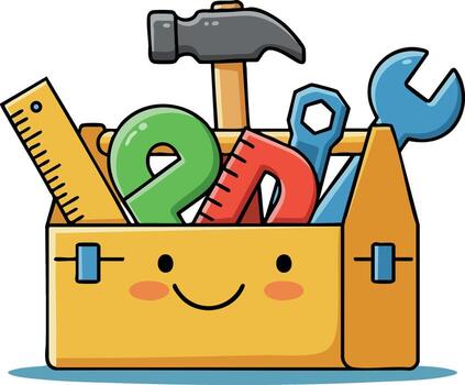 Toolbox with cute happy face filled with hammer wrench ruler and protractor illustration design vector