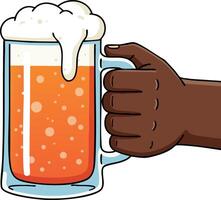 Hand holding frothy beer mug with orange liquid and bubbles illustration for beverage and leisure design vector