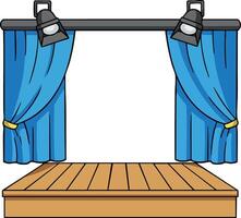 Stage platform with blue curtains and overhead spotlights for theatrical performances and presentations vector