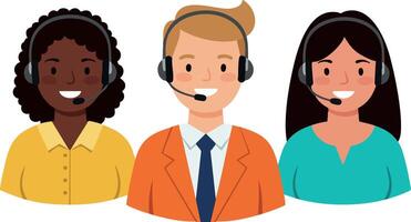 Customer support team with headset working together in call center communication service illustration vector